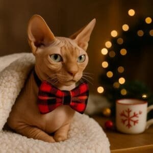 Sphynx cat with bowtie, cozy holiday scene.
