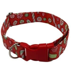 Red holiday-themed dog collar with festive patterns.