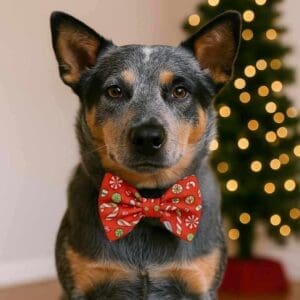 Dog wearing festive Christmas bow tie.