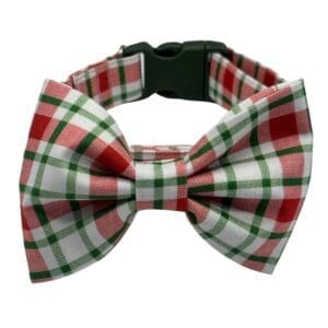 Plaid bow tie with green and red pattern.
