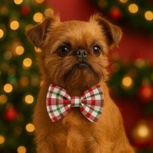 Brussels Griffon dog wearing plaid bow tie.