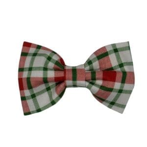 Plaid bow tie in red, green, and white.