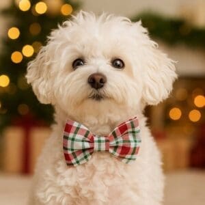White dog with plaid bow tie, Christmas lights background.