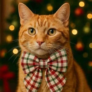 Cat with plaid bow tie and Christmas lights