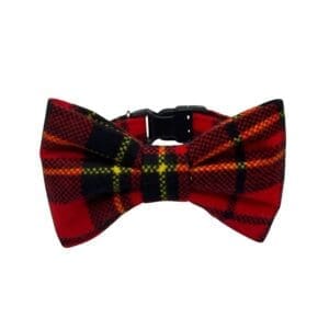 Red plaid bow tie with black and yellow accents.