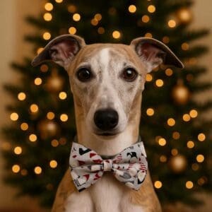 Dog in bow tie, Christmas lights background.