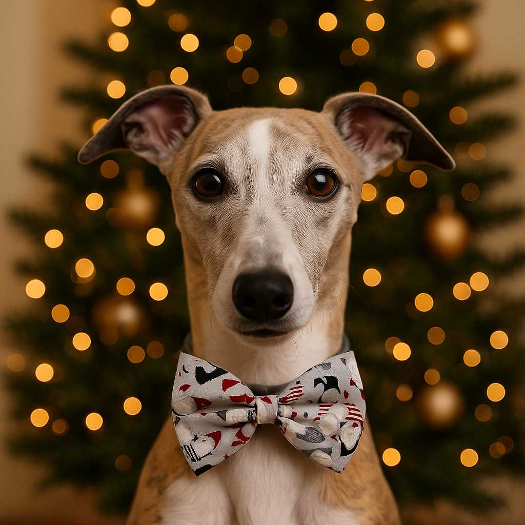 Dog in bow tie, Christmas lights background.