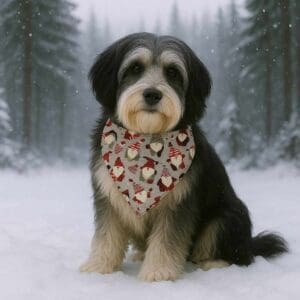 Dog with festive bandana sitting in snowy forest.