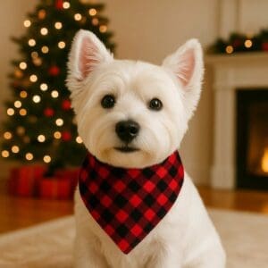 Cute dog in holiday setting with Christmas tree.
