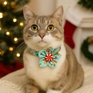 Cat with bow tie by Christmas tree