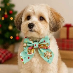 Dog with festive bowtie by Christmas tree.
