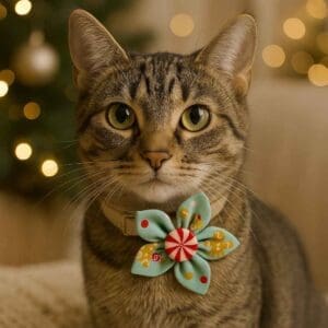 Tabby cat with festive collar by Christmas tree.