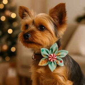 Adorable dog with festive collar decoration.