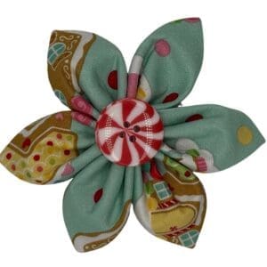 Colorful fabric flower with peppermint button center.