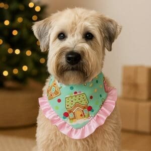 Dog in festive bandana near Christmas tree.