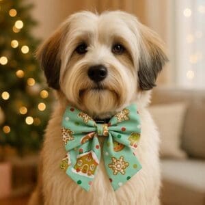 Dog with festive bow tie by Christmas tree.