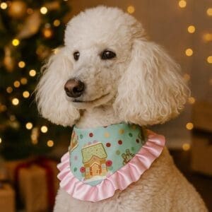 Poodle with festive bandana in holiday setting