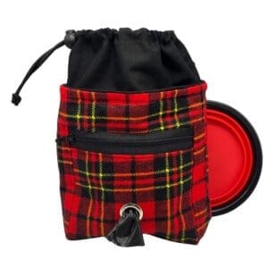 Plaid dog treat bag with drawstring and pouch.