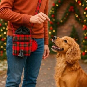 Dog looking up at person with bag