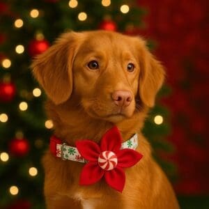 Dog with festive collar and Christmas tree background