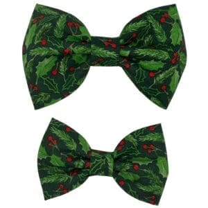 Festive bow ties with green holly pattern.