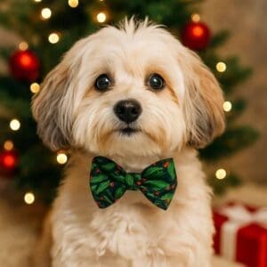 Cute dog with bow tie by Christmas tree.