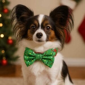 Papillon dog with green Christmas bowtie.