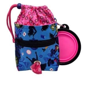 Colorful dog treat bag with clip and drawstring.