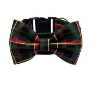 Tartan bow tie with green and red plaid pattern.