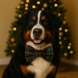 Dog wearing bow tie in front of Christmas tree.