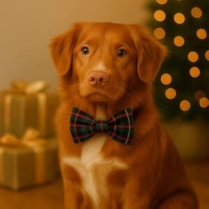 Dog in bow tie with holiday background.