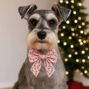 Dog with festive bow tie near Christmas tree