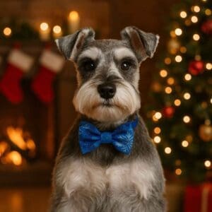 Schnauzer in blue bowtie by Christmas tree.