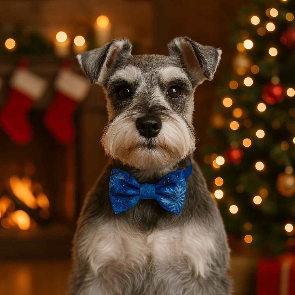 Schnauzer in blue bowtie by Christmas tree.