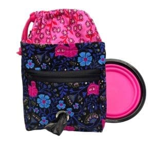 Floral drawstring bag with pink collapsible bowl.