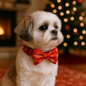 Cute dog with red bow tie, Christmas tree behind.