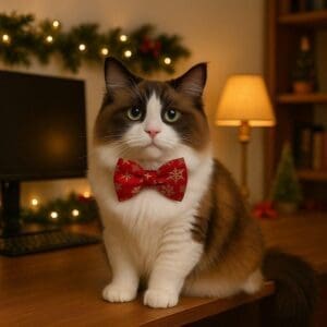 Cat with red bowtie on desk, festive lights behind.