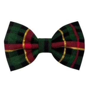 Red and green plaid bow tie with gold accents.