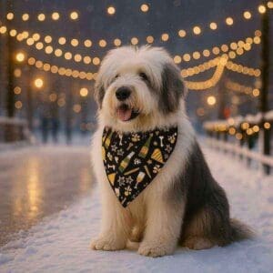 Fluffy dog in winter lights with bandana.