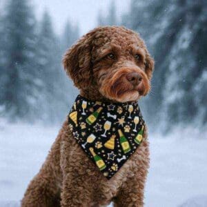 Curly dog wearing festive bandana in snowy forest.