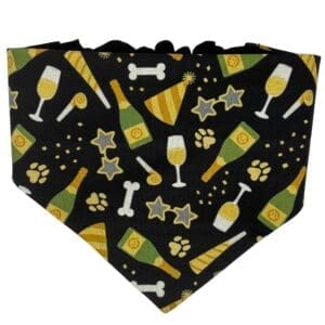 Festive dog bandana with champagne and celebration icons.