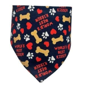 Dog bandana with hearts and bones design.