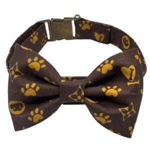 Brown dog collar with paw and heart design.