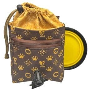 Pet treat pouch with drawstring and yellow bowl.