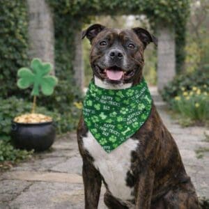 Dog wearing St. Patrick's Day bandana outdoors.