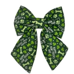 Green bow with shamrocks, bones, and paw prints.